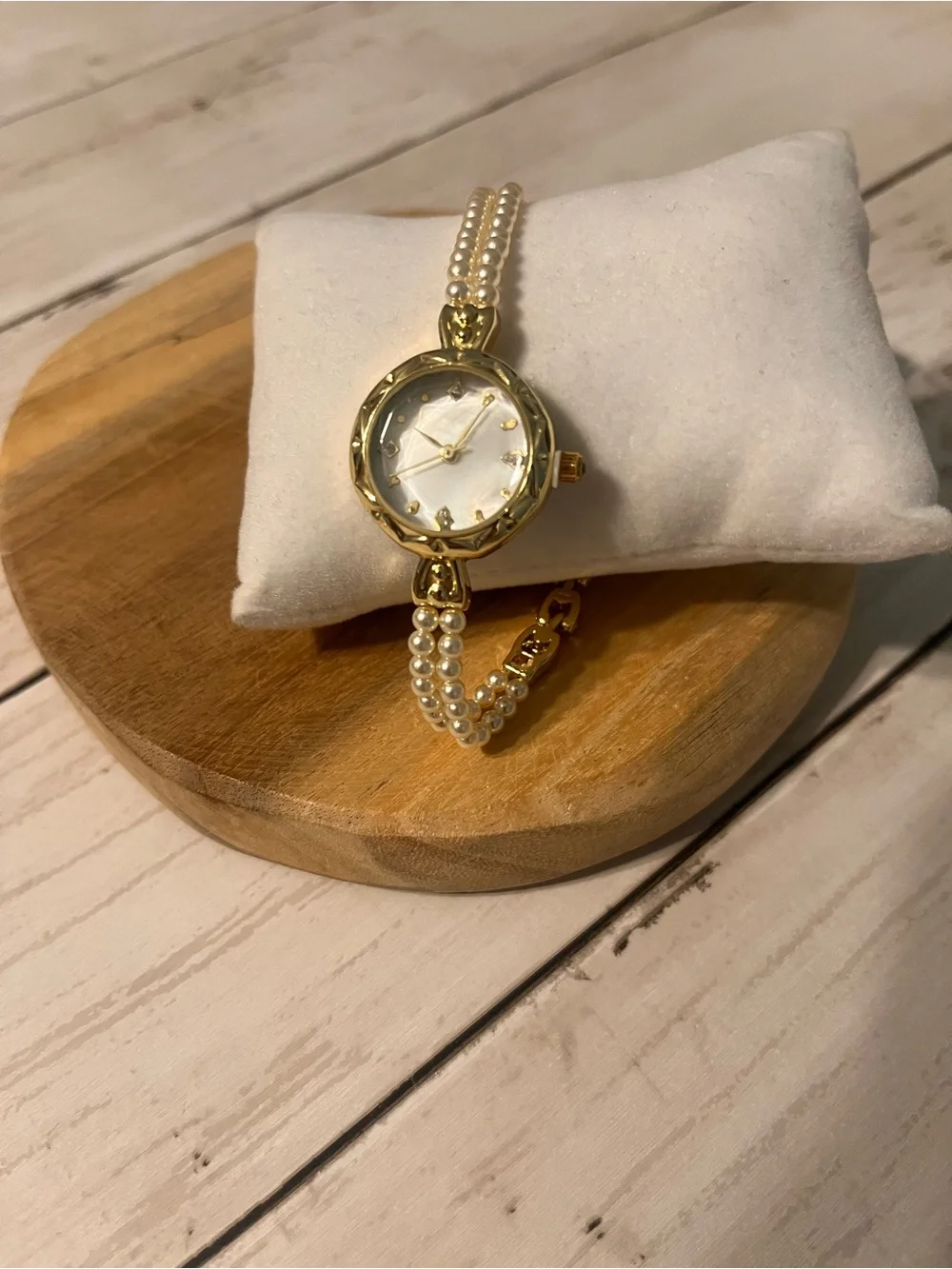 Francesca's Collections Gold and White Pearl Accent Bracelet Watch